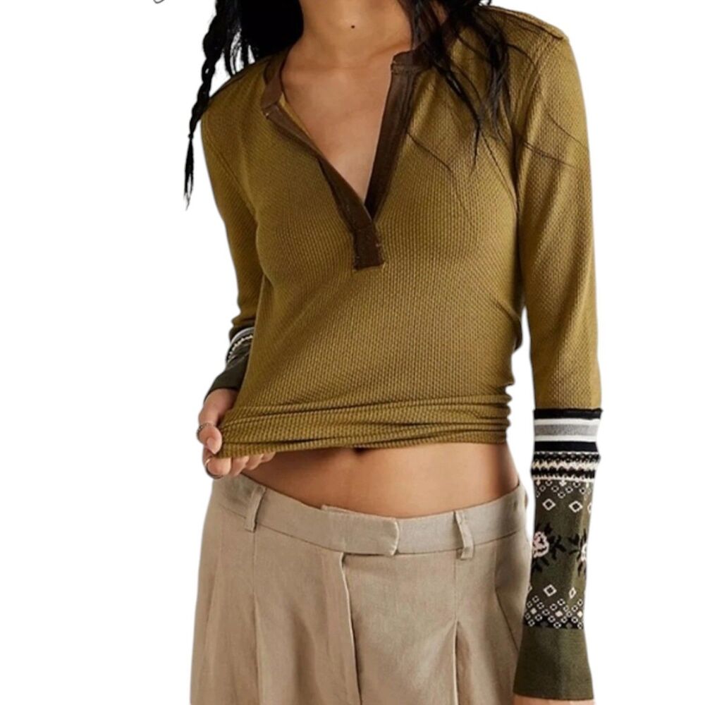 We The Free People Mikah Layering Top Blouse Shirt Nordic Alpine Rose  Army XS